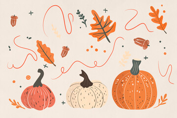 Thanksgiving-themed illustration with colorful pumpkins and leaves