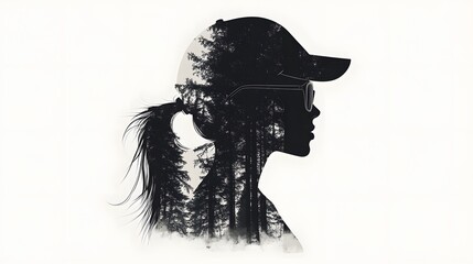 Fototapeta premium A silhouette of an athletic woman with a ponytail, wearing sunglasses and a cap against the backdrop of a dense forest