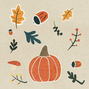 Festive Thanksgiving illustration with pumpkin and autumn leaves