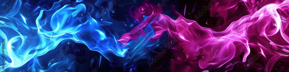 Aufkleber an artistic neon abstract background with fluid glowing patterns in bold cyan and magenta, offering 