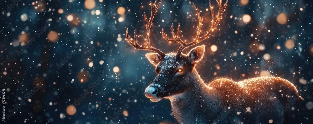 Poster a majestic reindeer stands in a snowy landscape, illuminated by soft lights, creating a magical wint