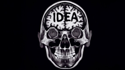 MRI image of a patient's head after a diagnostic imaging procedure, with "Idea" written where the brain should be