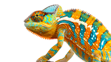 Yellow blue lizard Panther chameleon isolated on white background