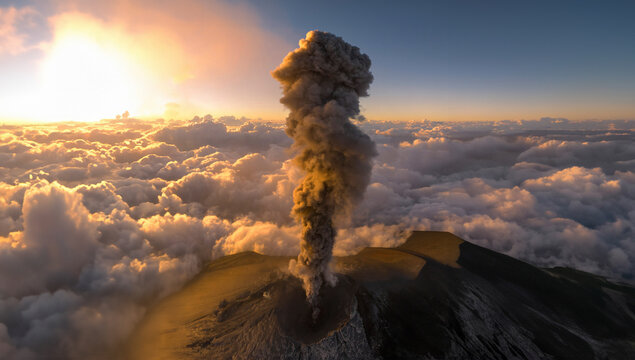 Aerial view of erupting Fuego volcano with smoke plume and dramatic sunset, Chimaltenango, Guatemala.