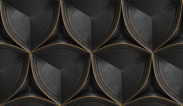 3D geometric pattern with triangle stars in black and gold