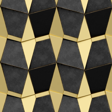 Seamless 3D geometric black and gold pattern illustration