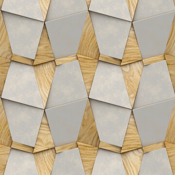Seamless 3D geometric pattern with wood and stone textures