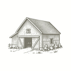 engraving of a black and white drawing of a barn