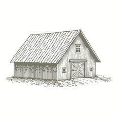 engraving of a sketch of a barn with a roof