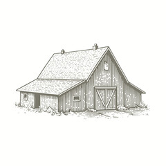 engraving of a sketch of a barn with a door