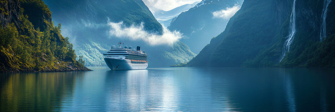 Majestic cruise ship navigating through stunning Norwegian fjords showcases luxury travel experiences, ideal for promoting Scandinavian tourism and adventure cruises in breathtaking natural settings