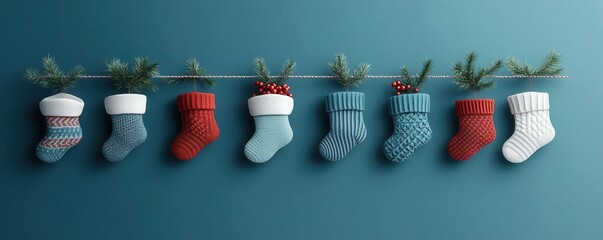 Colorful knitted Christmas stockings hanging on a string with festive decorations. Perfect holiday decor background, teal wall.