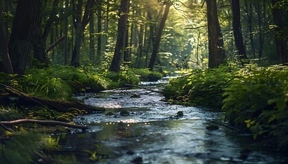 A river with trees and bushes dense forest
