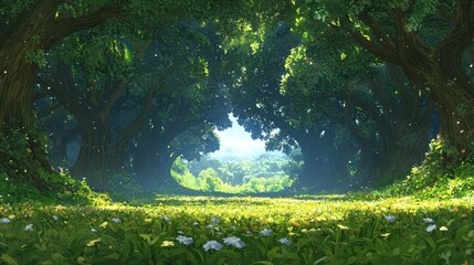 Fototapeta premium Sunlit Forest Path with Blooming Flowers and Lush Green Foliage