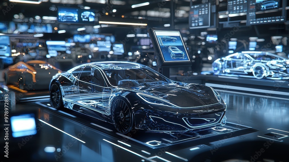 Poster futuristic car design concept with wireframe and screen display