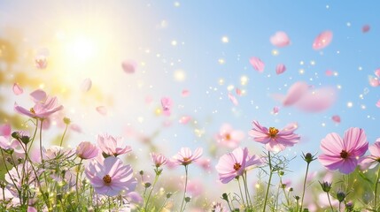 Fototapeta premium Delicate Pink Cosmos Flowers Blooming in a Sunlit Meadow