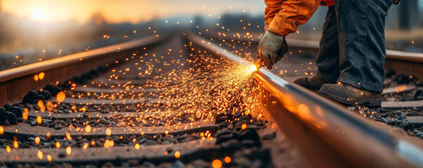 A worker repairs railway tracks, creating sparks as the sun sets, highlighting the importance of maintenance in rail transport.