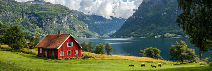 Norwegian village nestled in fjord valley with grazing sheep epitomizes harmony between nature and human settlement, ideal for promoting sustainable tourism and alpine lifestyle