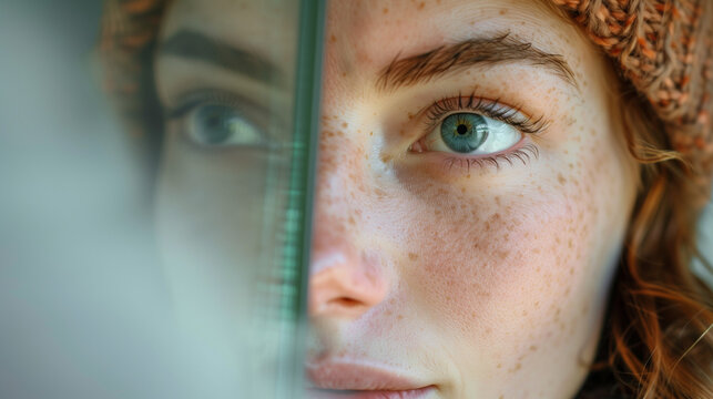A woman next to her distorted reflection in the mirror. Body dysmorphia concept.