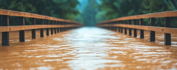 A serene view of a wooden bridge extending over floodwater, surrounded by lush greenery, evoking tranquility and nature's beauty.