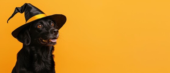Obraz premium Playful Black Dog Wearing a Witch Hat on a Sunny Yellow Background