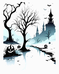 halloween landscape with church and pumplin