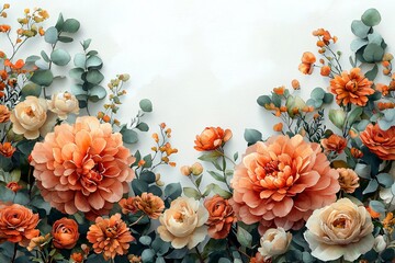 An autumn-inspired floral arrangement perfect for Thanksgiving and Halloween celebrations, featuring vibrant peonies and eucalyptus with ample copy space.