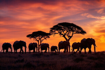Fototapeta premium A group of elephants walks together under a magnificent sunset in the African savanna, symbolizing unity and strength amidst a spectacular natural landscape with iconic acacia trees.