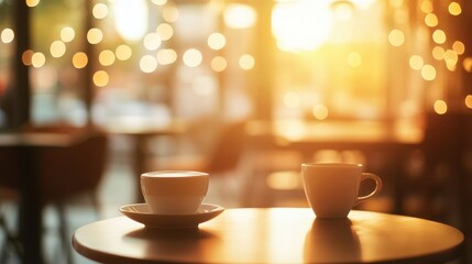 A cozy caf? scene with two cups of coffee on a table, illuminated by warm sunlight.