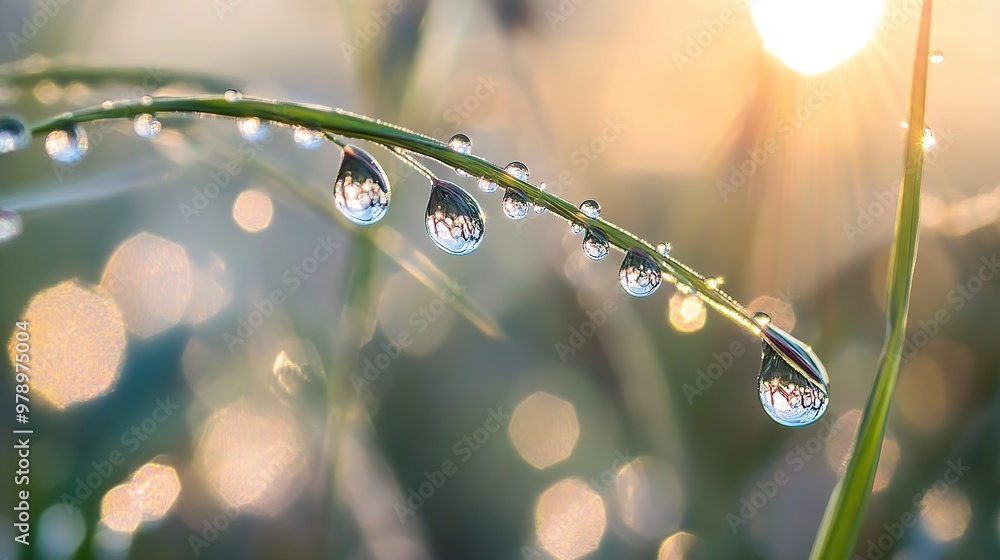 Poster dew drops on a blade of grass with bokeh background.