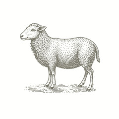 engraving of a sheep standing in a field, with a white background
