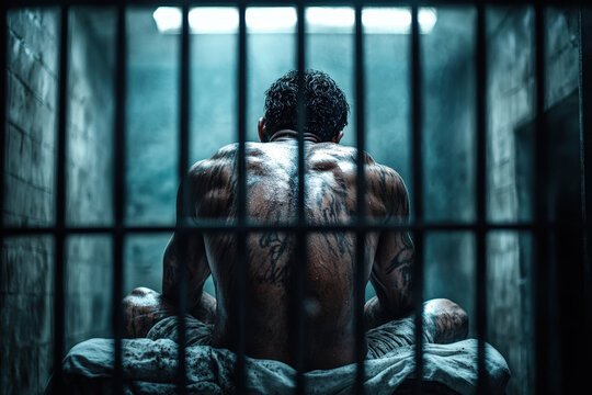 A muscular prisoner showcases his back tattoos while sitting in a dimly lit prison cell, captured from behind, highlighting strength and solitude within confinement.