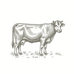 engraving of a cow standing in the grass on a white background