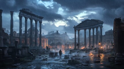 Fototapeta premium Rain-soaked Roman Forum glistens, as togas huddle beneath misty columns and dark, cloudy skies.