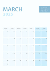 Vertical calendar page of March 2025, Week starts from Monday.