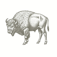 engraving of a bison is standing in a drawing style