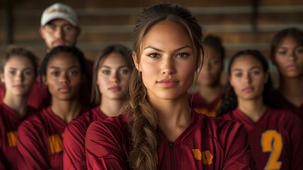 Fototapeta premium Determined Female Athlete Leader with Teammates in the Background