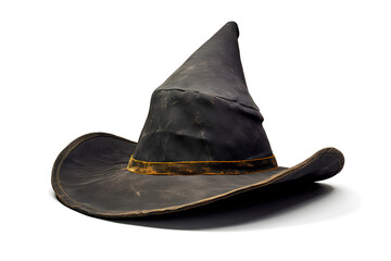 A classic witch's hat with a stylish, worn appearance, featuring a slightly tattered brim and a faded black color, perfect for adding a spooky touch to any Halloween theme. Isolated on white