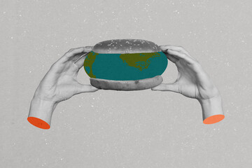 Poster collage image picture of person hold burger with earth on grey color background