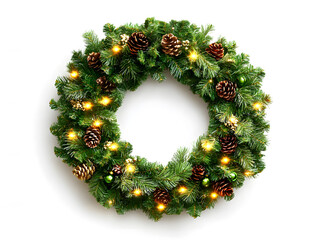 A festive Christmas wreath of lush pine branches adorned with glowing lights isolated on white background
