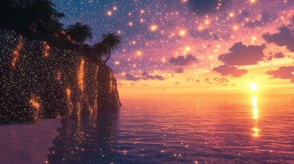 Magical Sunset with Glowing Lights Over Tropical Island