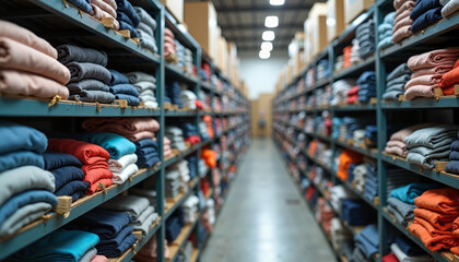 Organized warehouse shelves stacked with colorful folded textiles