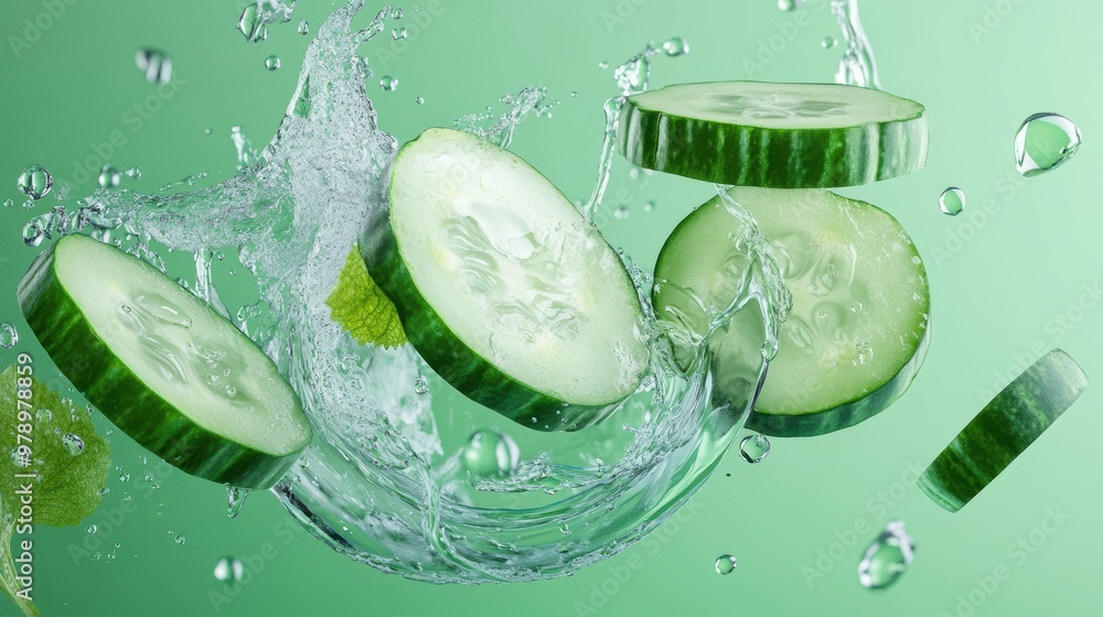 Poster refreshing cucumber splash on green background