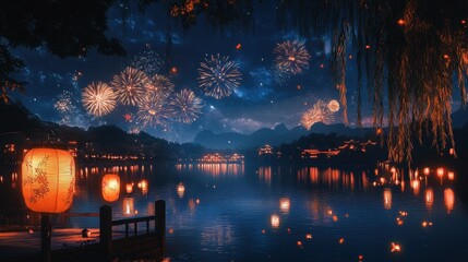 Enchanting Fireworks Spectacle over a Serene Lake at Night