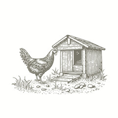 engraving of chicken in the coop sketch illustration