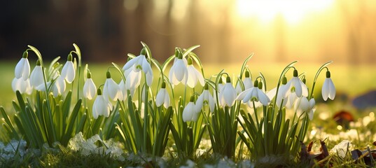 Snowdrops blooming in early spring sunlight in a serene garden setting