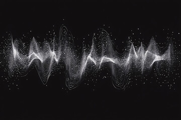Abstract black and white wave design resembling sound waves with scattered particles creating a dynamic and modern look