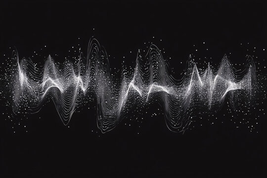 Abstract black and white wave design resembling sound waves with scattered particles creating a dynamic and modern look