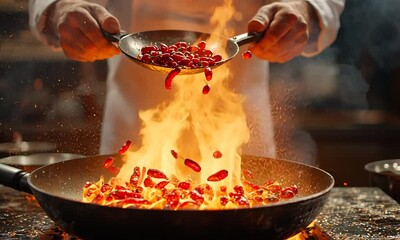 Chef Tossing Chili Peppers into a Flaming Pan