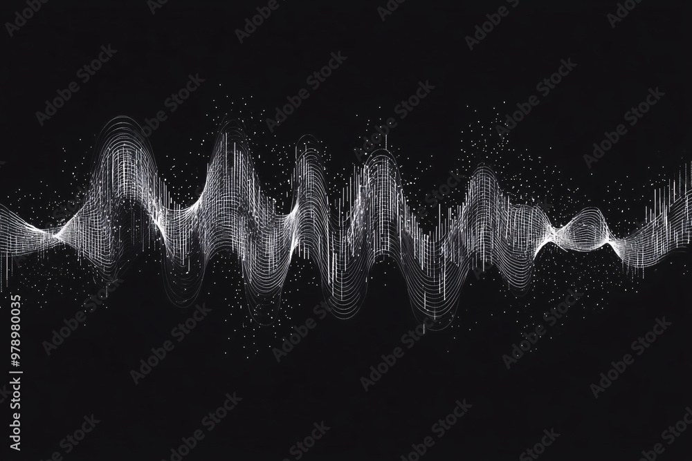 Poster monochrome abstract sound wave with a flowing organic shape against a black background creating a vi